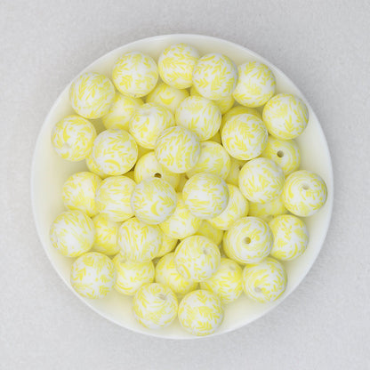 Colorful 15mm Printed Silicone Round Beads Patterned 50pcs - Yellow