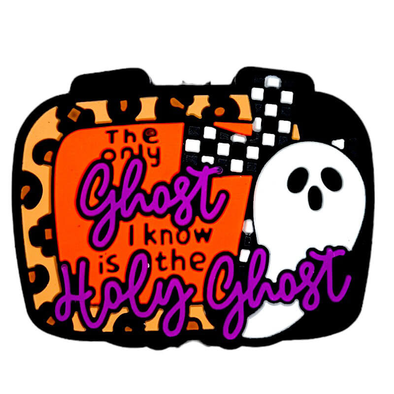 Silicone Focal Beads Halloween Ghost With Purple Script Text