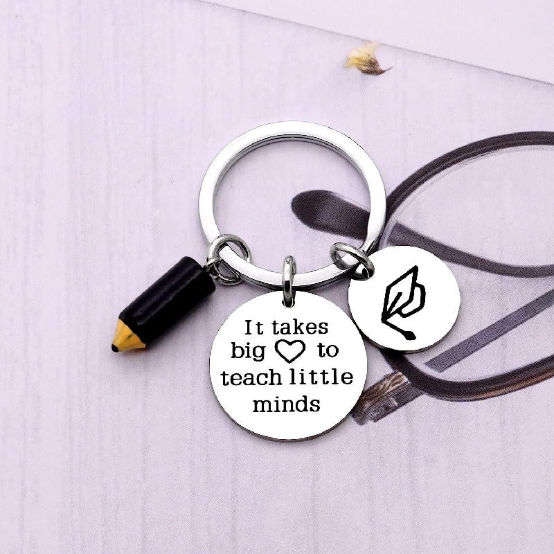 Stainless Steel Teacher Keychain Engraved Disc Pencil Cap Charm 2