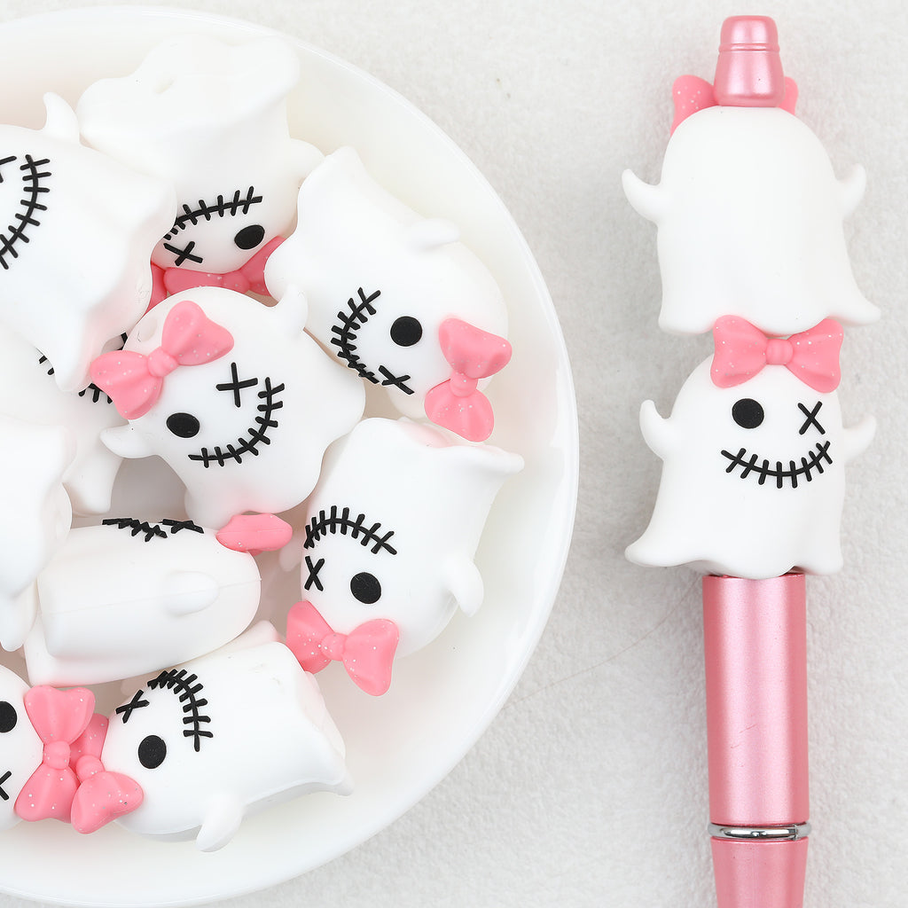 3D Ghost Bow Silicone Focal Beads Wholesale, Halloween Stitched Face Pink Accent