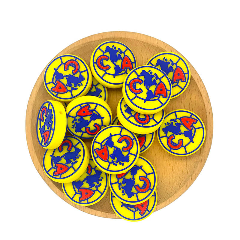 Silicone Focal Beads Club America de Futbol Yellow Background Blue Map Red Initials 2