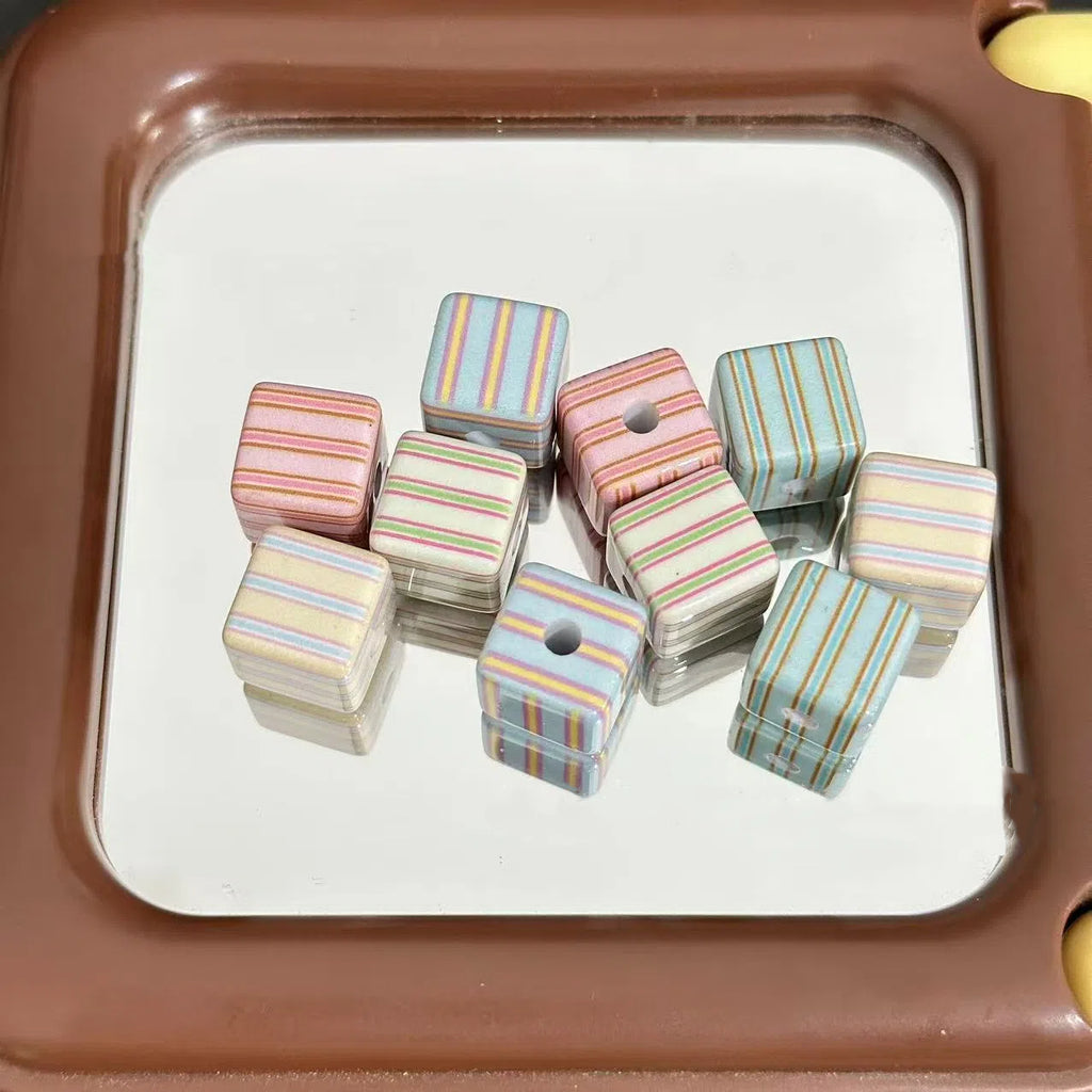 Striped Square Acrylic Beads 14mm Light Pastel Colors 10pcs