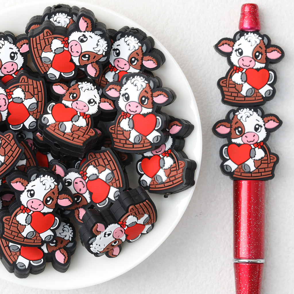 Cute Cow Heart Basket Silicone Focal Beads 20Pcs 