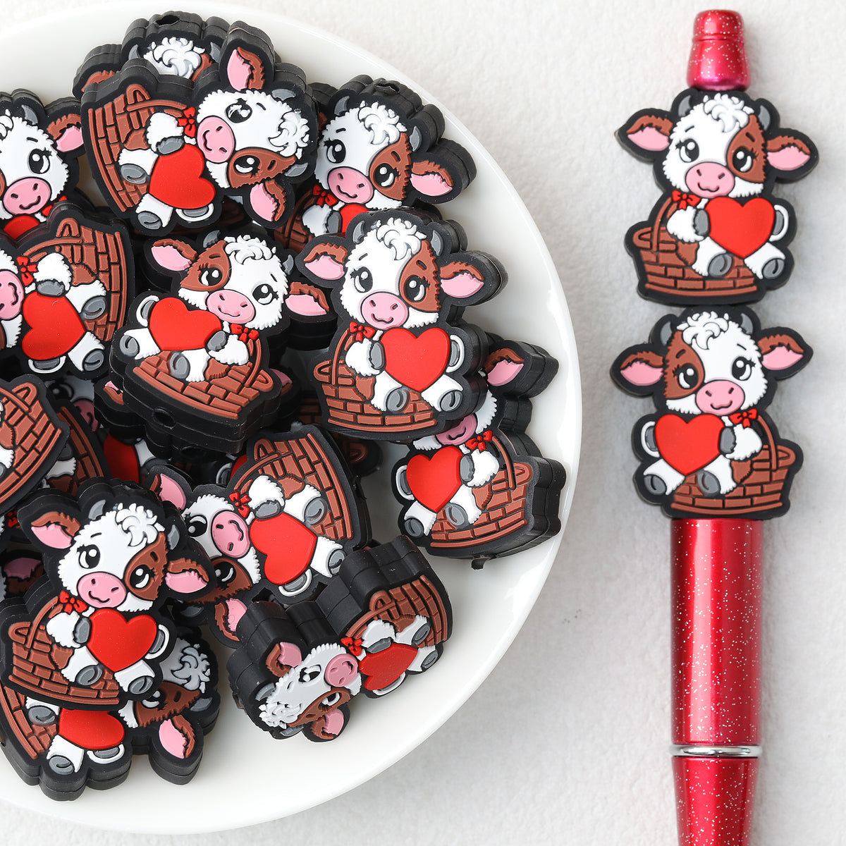 Cute Cow Heart Basket Silicone Focal Beads 20Pcs 