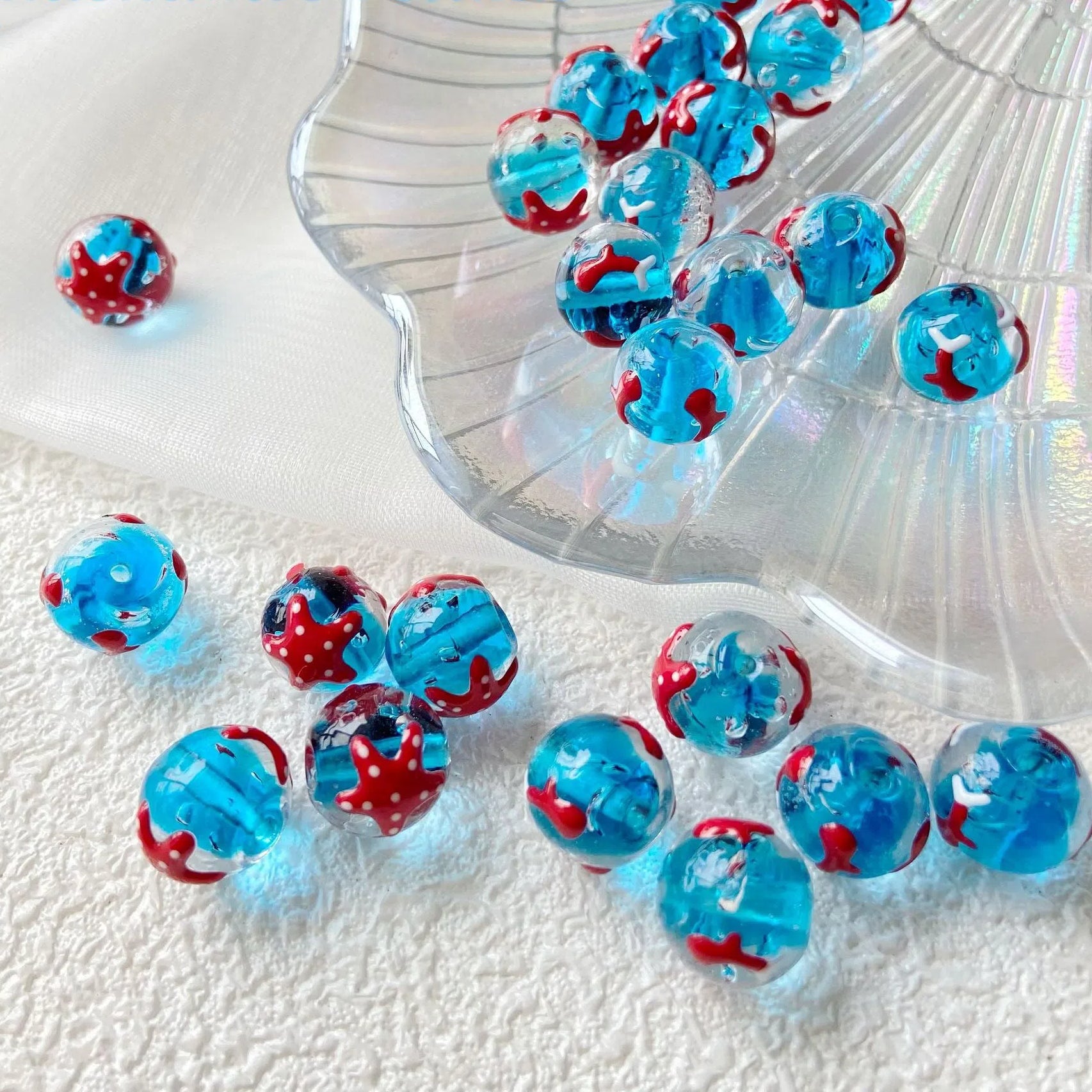 Hand Painted Ocean Blue Starfish and Goldfish Glass Beads 12mm 3pcs