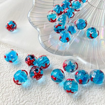 Hand Painted Ocean Blue Starfish and Goldfish Glass Beads 12mm 3pcs