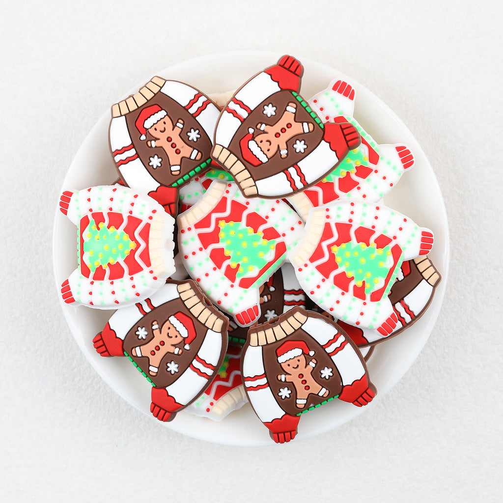 Gingerbread Motif Silicone Focal Beads Wholesale, Christmas Sweater Design Red White Pattern