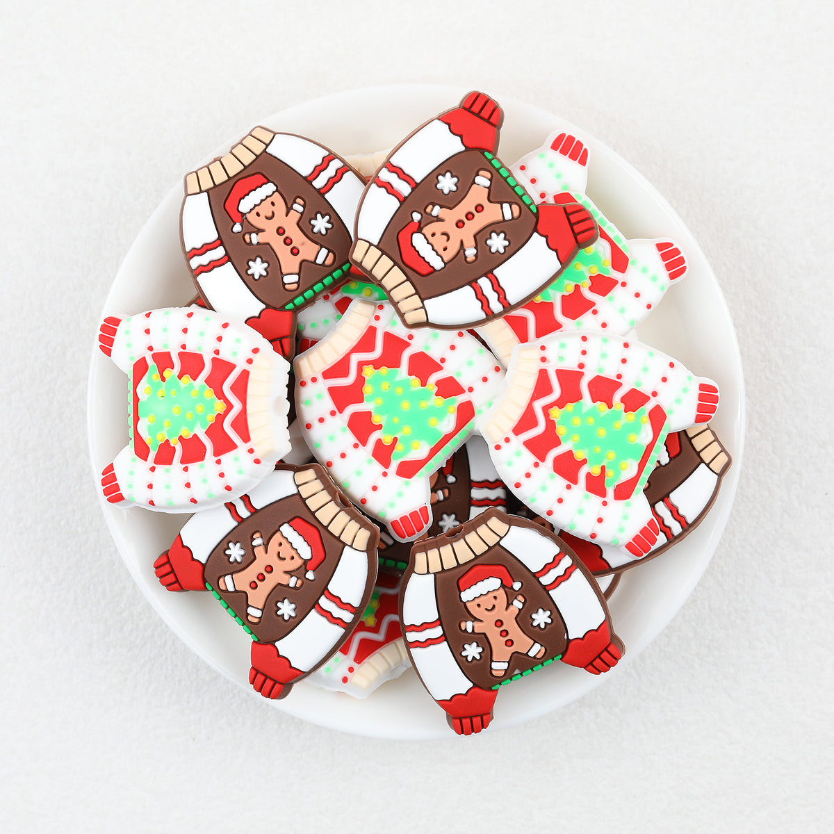 Gingerbread Motif Silicone Focal Beads Wholesale, Christmas Sweater Design Red White Pattern
