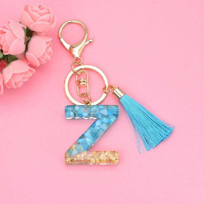 Blue Resin Tassel Monogram Keychain with Gold Flake Accent 28