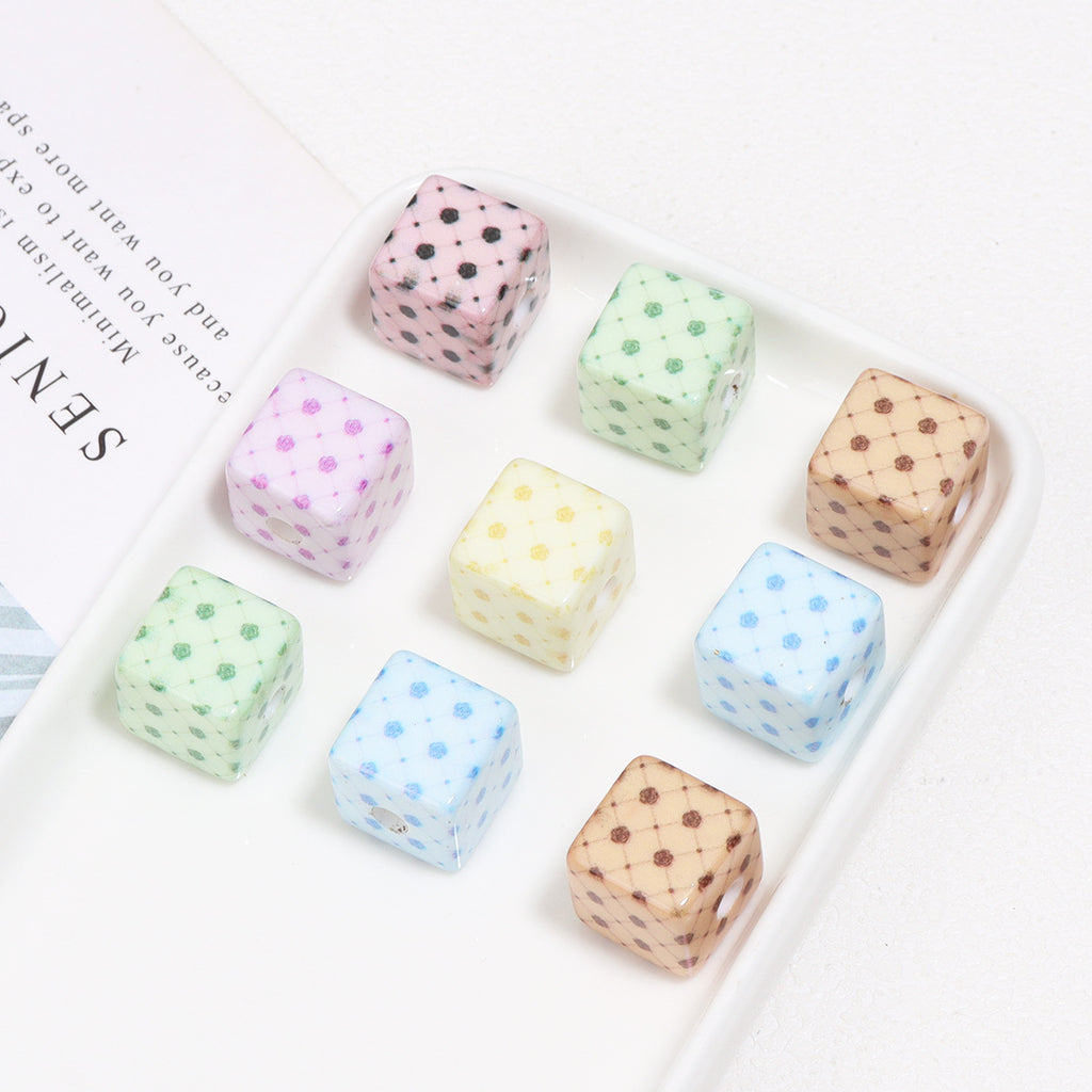 Colored Cube Acrylic Beads 14mm Printed Rose Pattern 10pcs