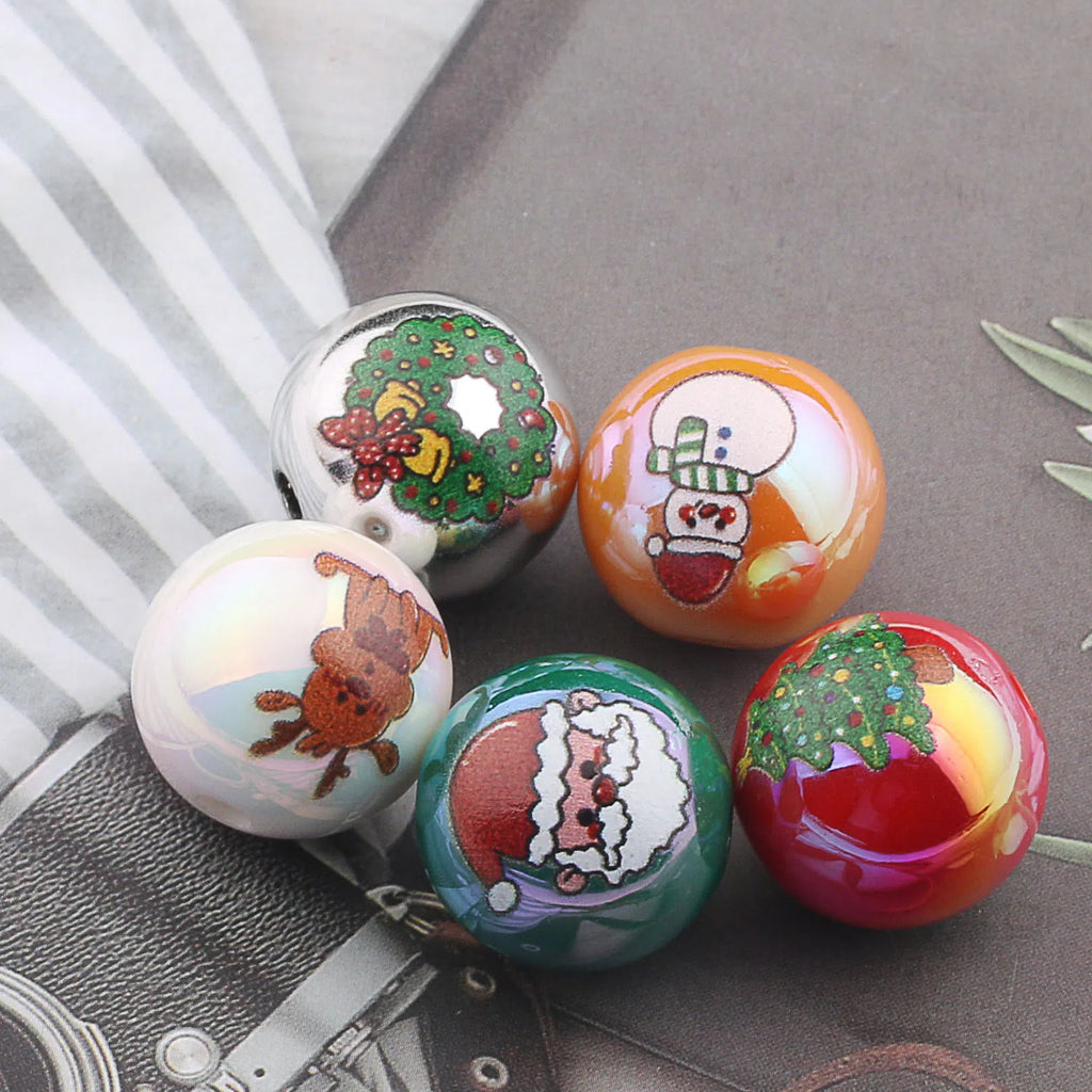 UV Plating Acrylic Beads 16mm Christmas Wreath and Reindeer Printed 20pcs