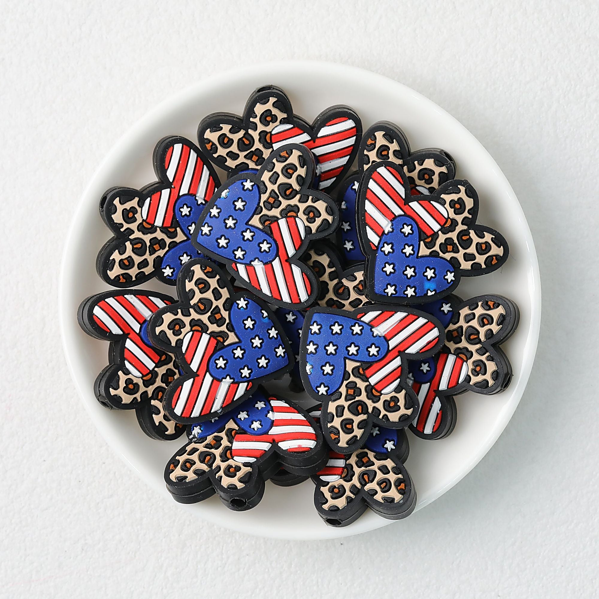 USA Flag Leopard Print Heart Silicone Focal Beads 20 pcs