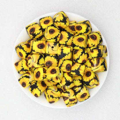 Floral Pattern 13.5mm Square Silicone Beads Printed Design 50pcs 9