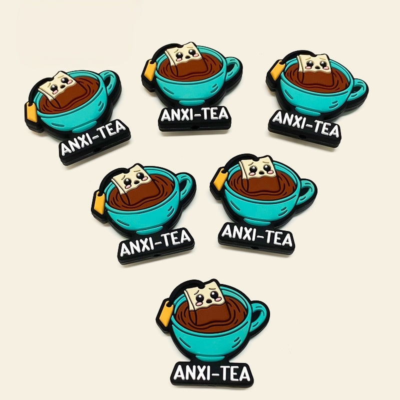 Silicone Focal Beads Tea Cup With Smiling Tea Bag and ANXI-TEA Text 20pcs