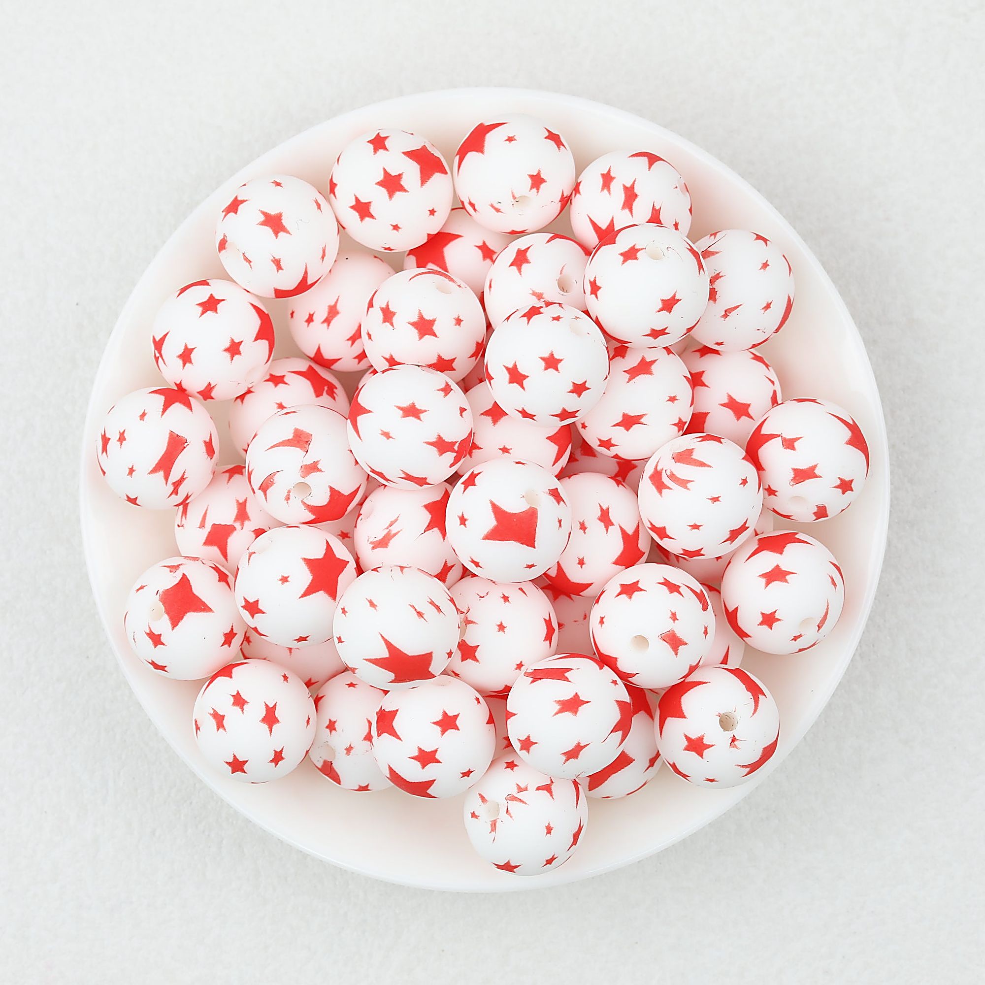 15mm Printed Leaf Pattern Silicone Round Beads 50pcs - Red Star