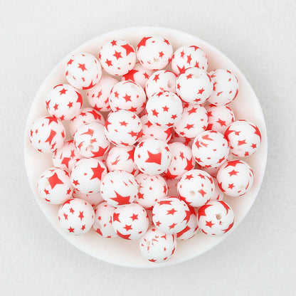 15mm Printed Leaf Pattern Silicone Round Beads 50pcs - Red Star