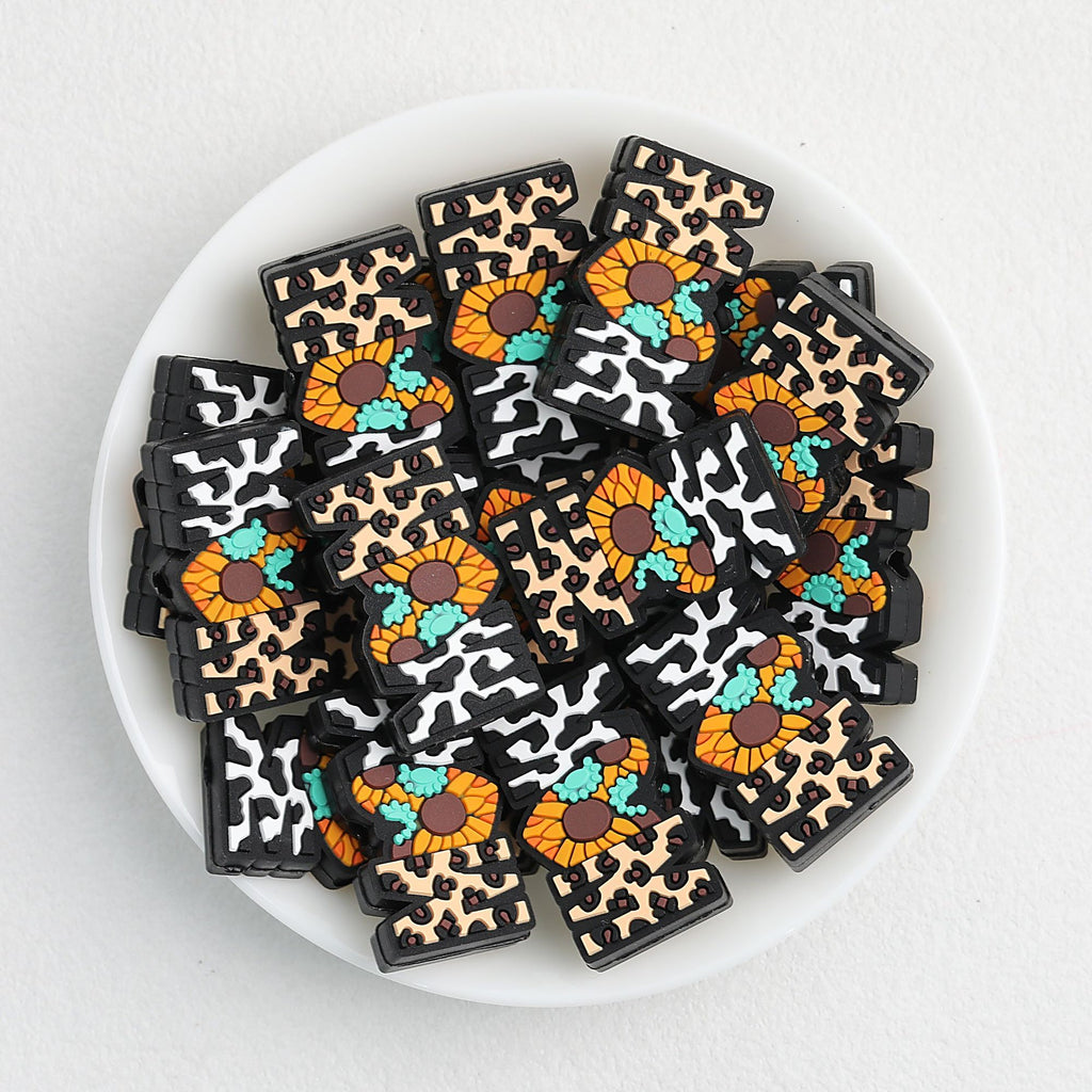 Silicone Focal Beads Western Cow Pattern Mom With Turquoise Sunflower 20pcs