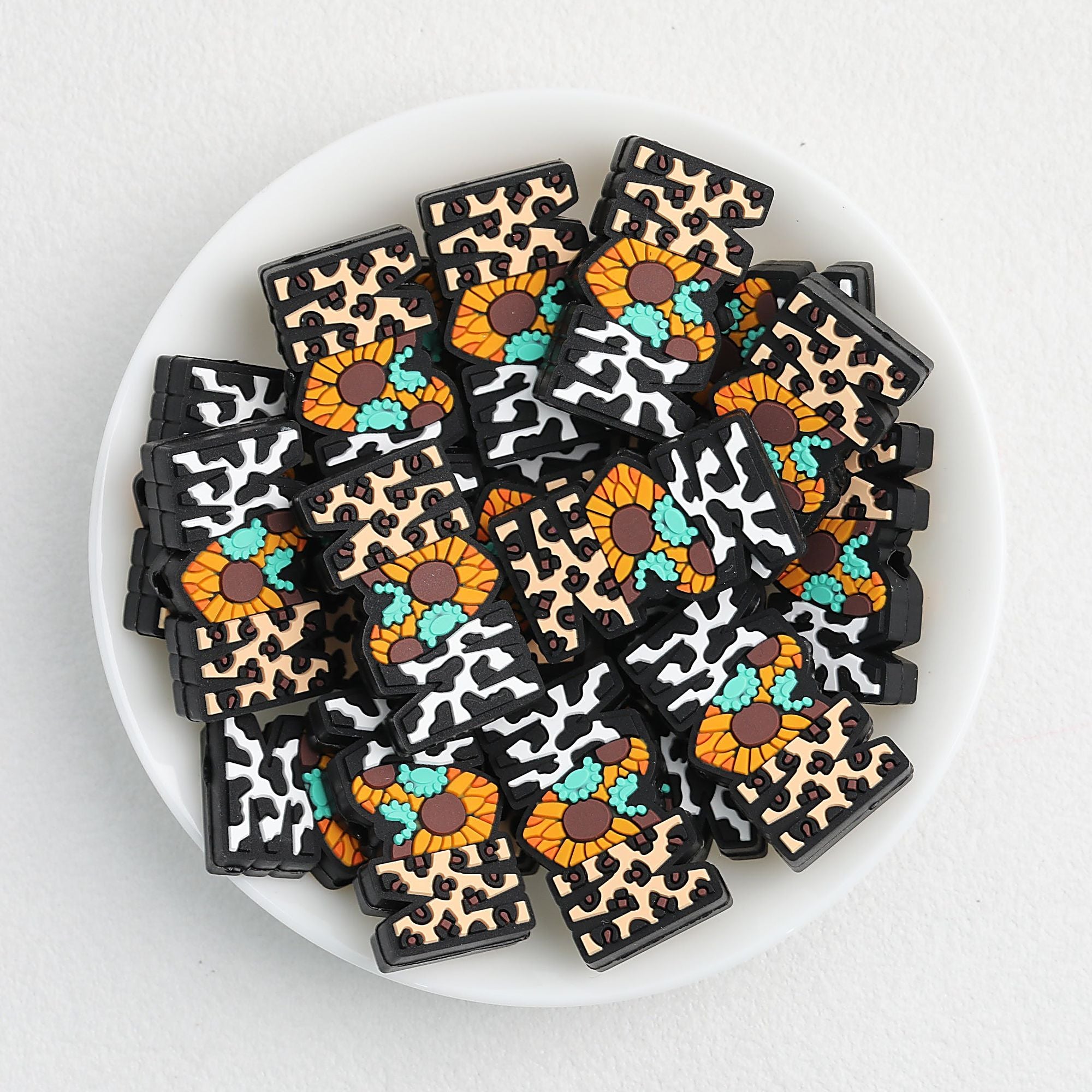 Silicone Focal Beads Western Cow Pattern Mom With Turquoise Sunflower 20pcs