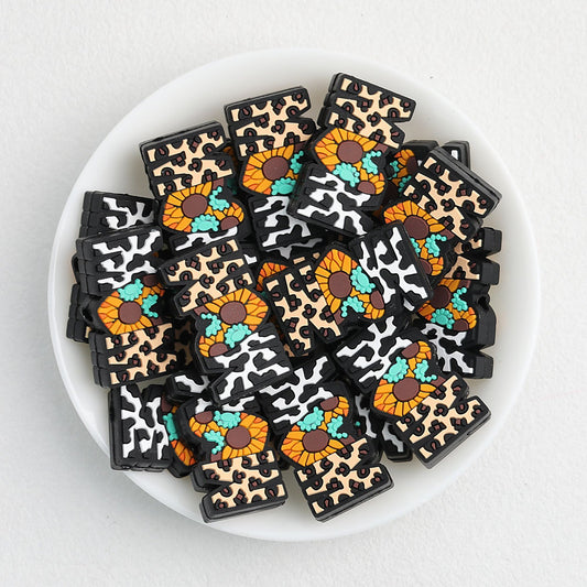 Silicone Focal Beads Western Cow Pattern Mom With Turquoise Sunflower 20pcs