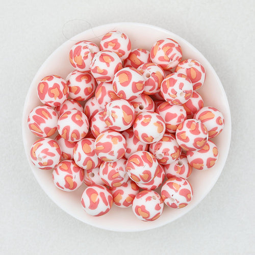 15mm Leopard Pattern Silicone Round Beads 50pcs - Floral Leopard