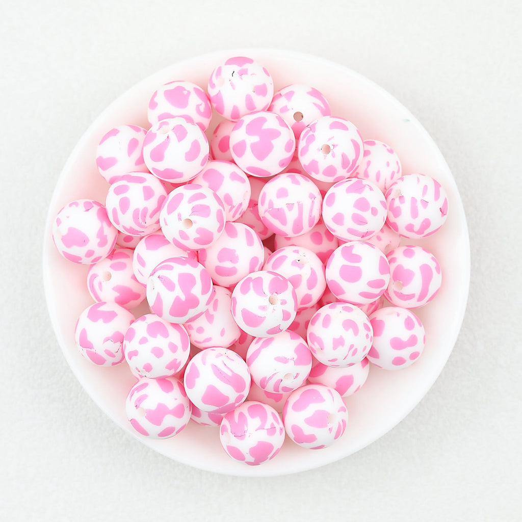 15mm Cow PPrinted Round Silicone Beads Colorful Spots 50pcs - Cow Pink Purple