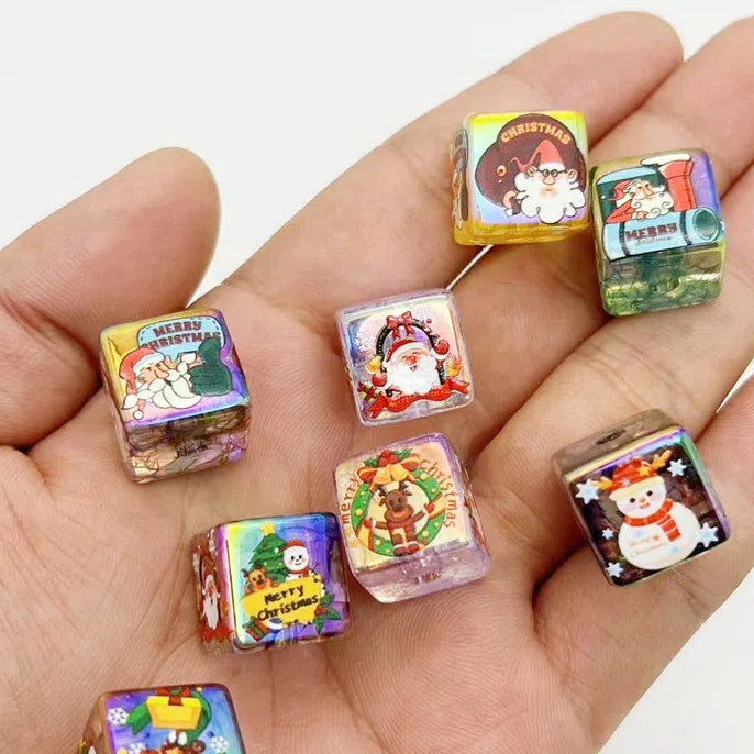 UV Plating Square Acrylic Beads 16mm Christmas Printed 10pcs 3