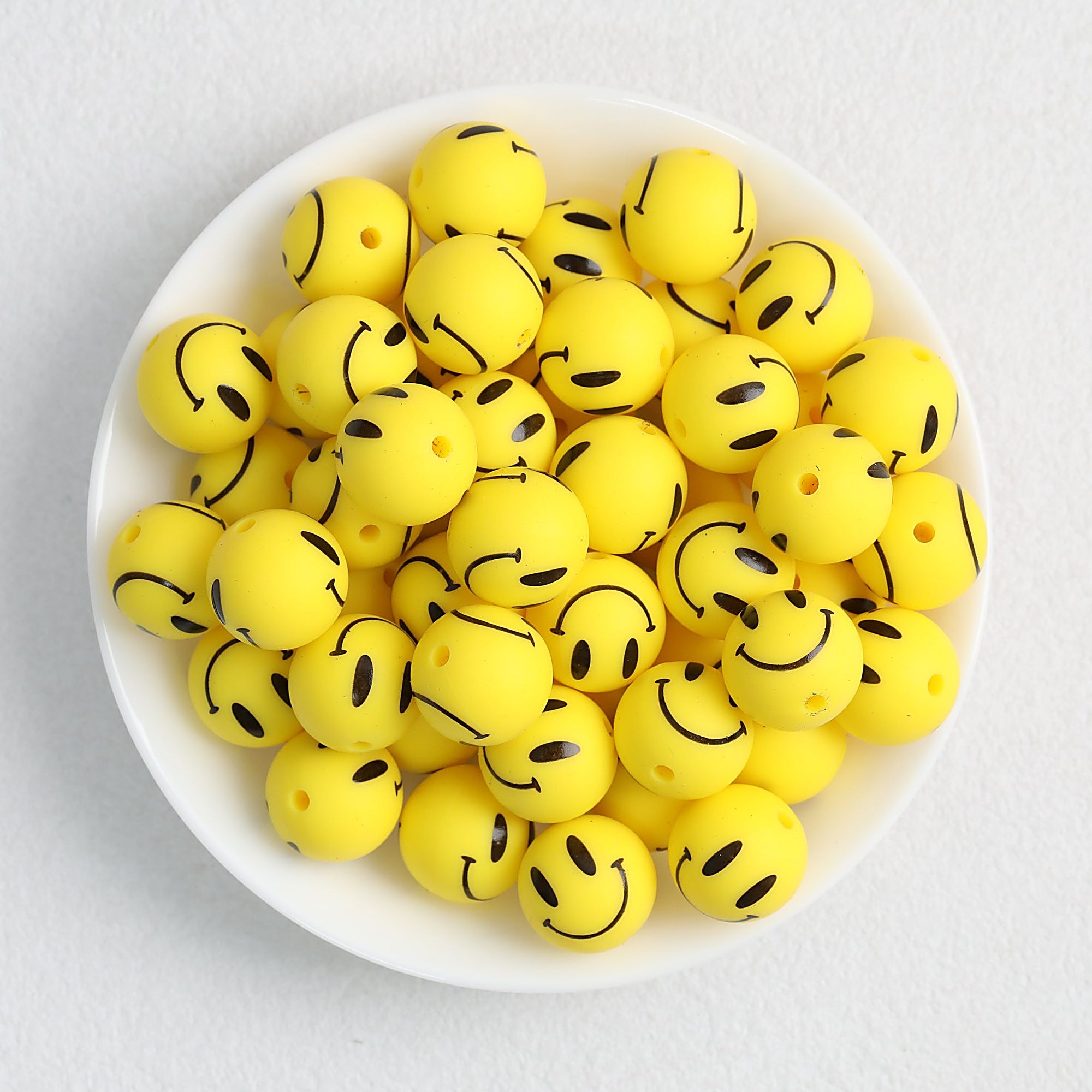 15mm Smiley Face Printed Round Silicone Beads  50pcs - Yellow 2