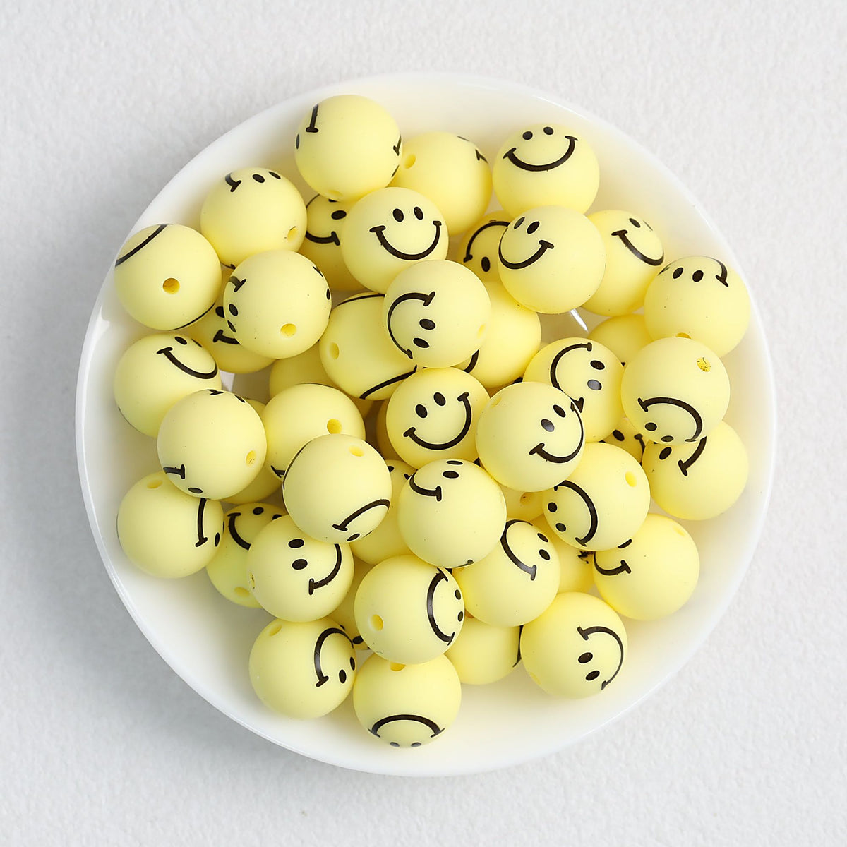 15mm Smiley Face Printed Round Silicone Beads  50pcs - Light Yellow