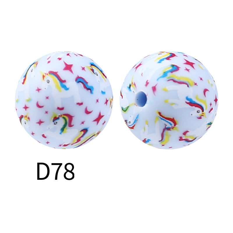 50Pcs 15mm Colored pattern printed silicone beads 80