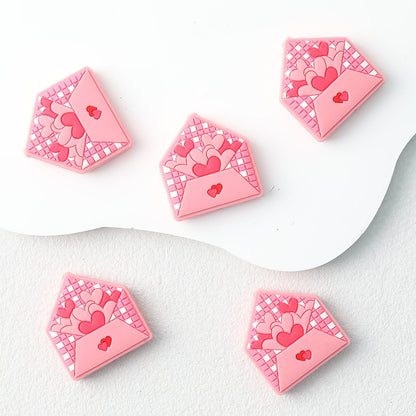 Love Heart Envelope Silicone Focal Beads Pink 20pcs