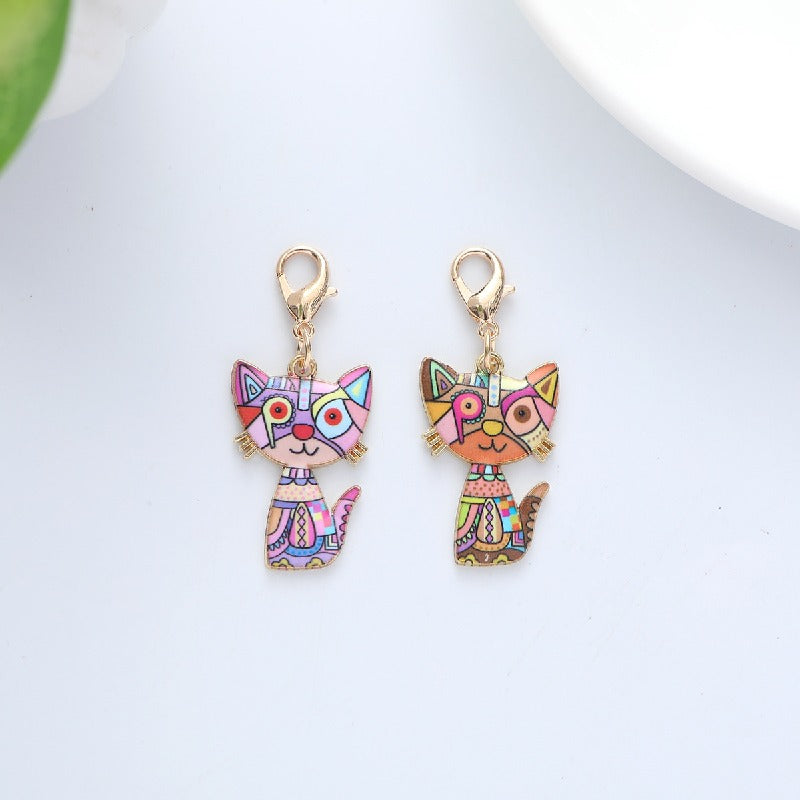 Metal Cartoon Cat Keychain Gold Outline Pastel Colors 2