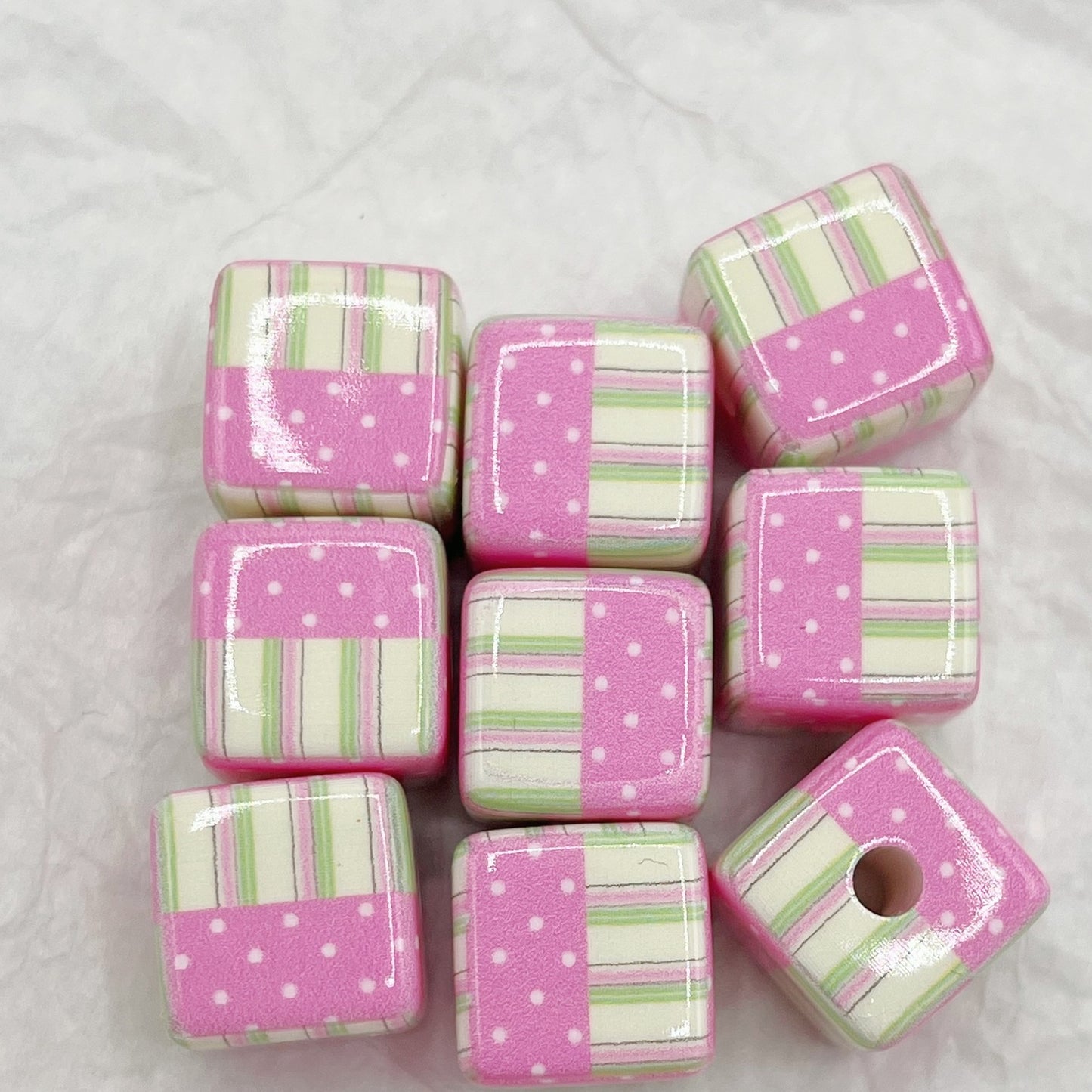 Printed Square Acrylic Beads 14mm Fresh Pink Tone 10pcs 12
