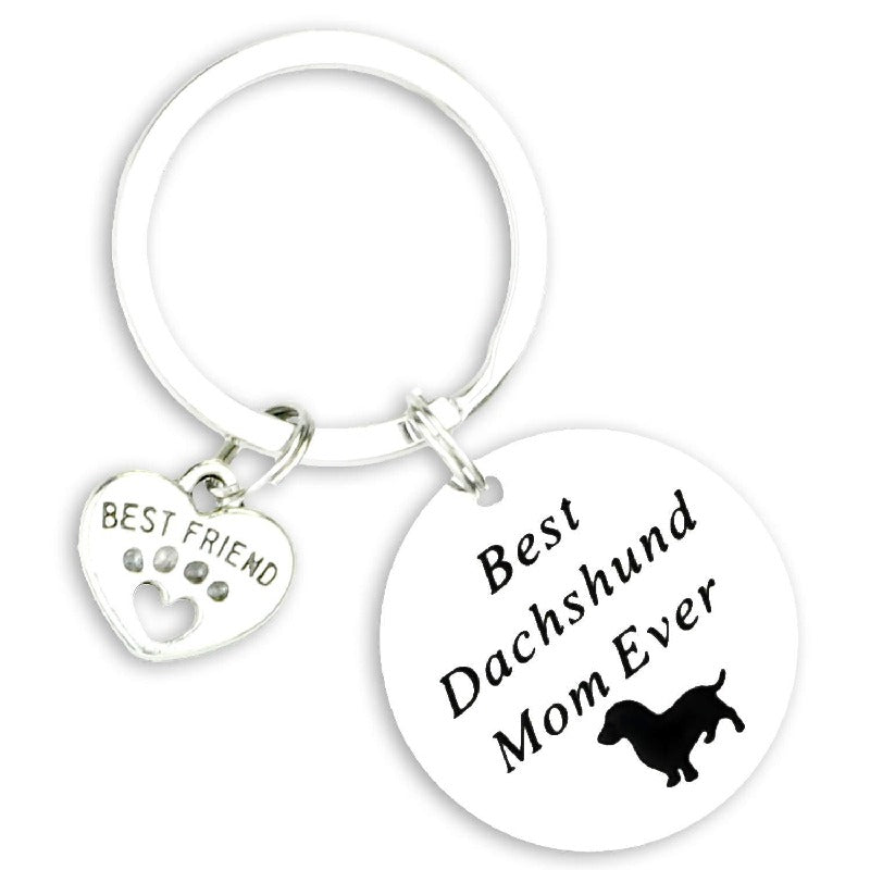 Dachshund Dog Keychain Stainless Steel Engraved Paw Print Charm