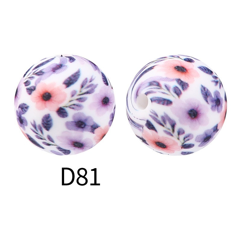 50Pcs 15mm Colored pattern printed silicone beads 83