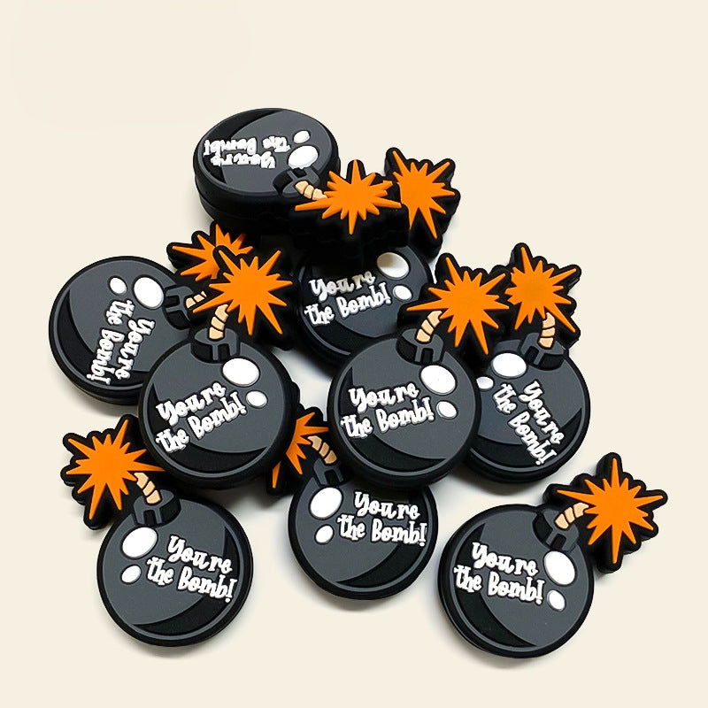 Silicone Focal Beads Simulated Bomb Glossy Black Orange Fuse 20pcs