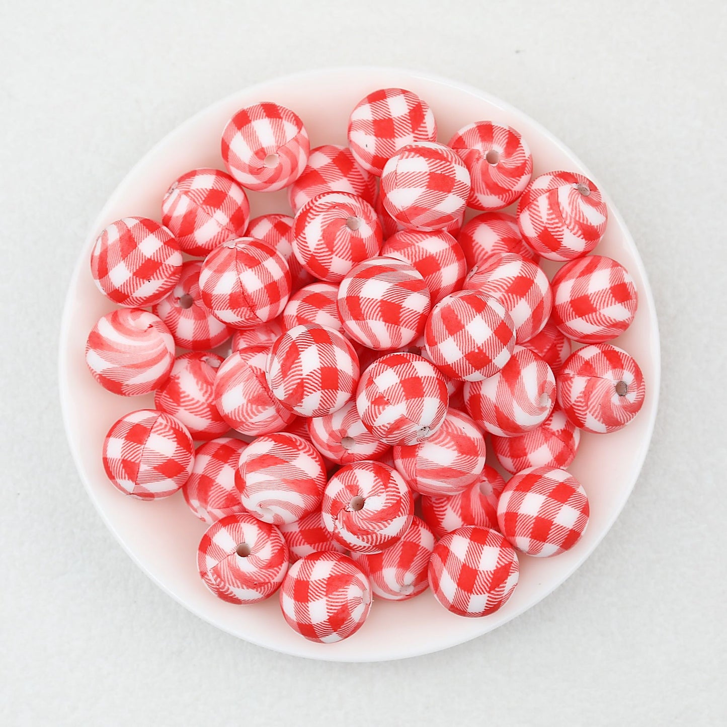 15mm Multicolor Patterned Printed Round Silicone Beads 50pcs - Red White Check