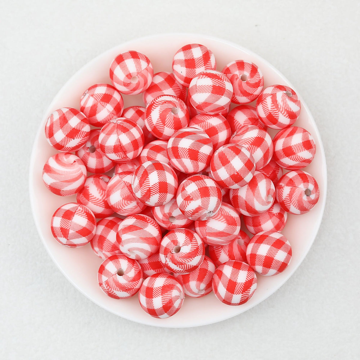 15mm Multicolor Patterned Printed Round Silicone Beads 50pcs - Red White Check