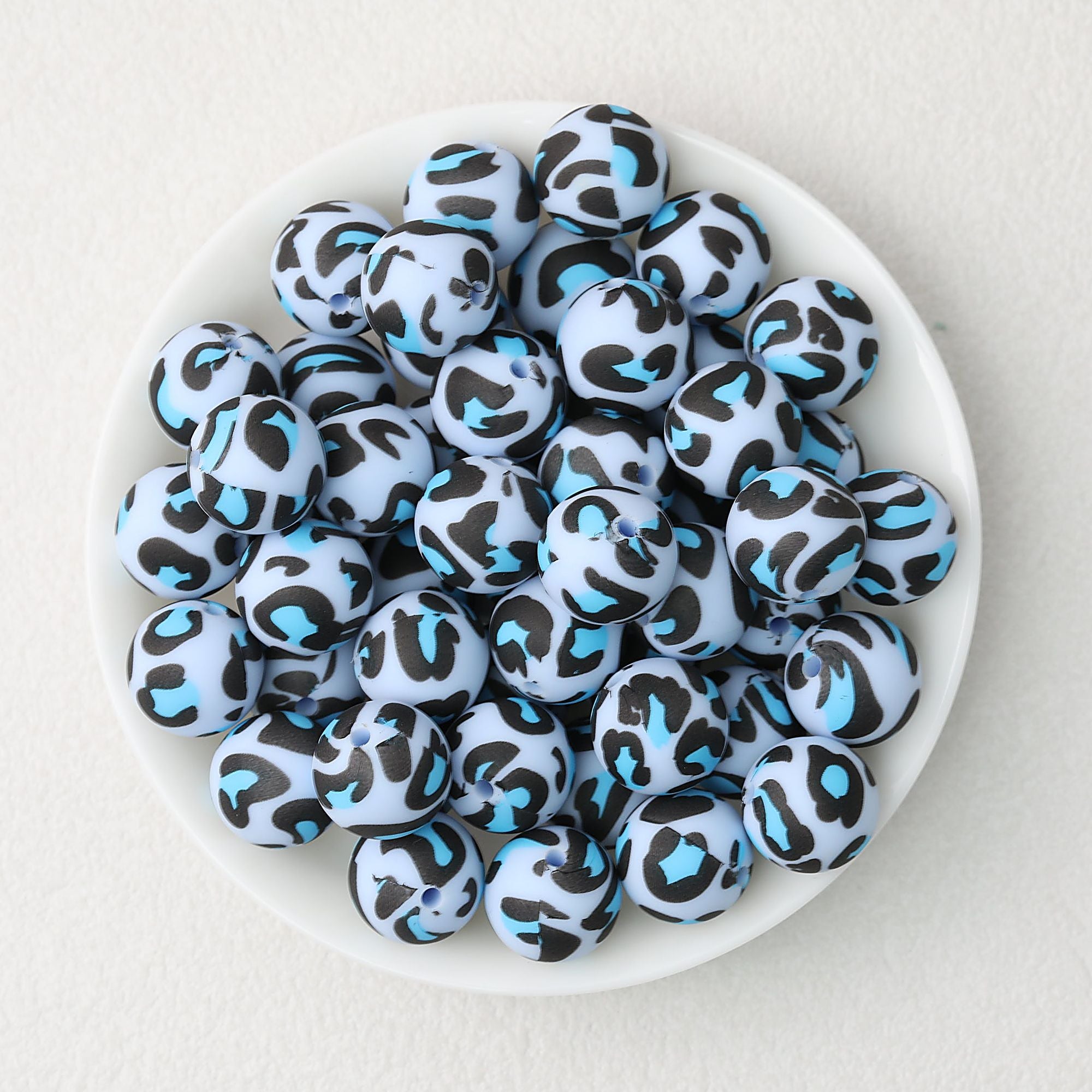 15mm Colored Leopard Print Round Silicone Beads 50pcs - Blue