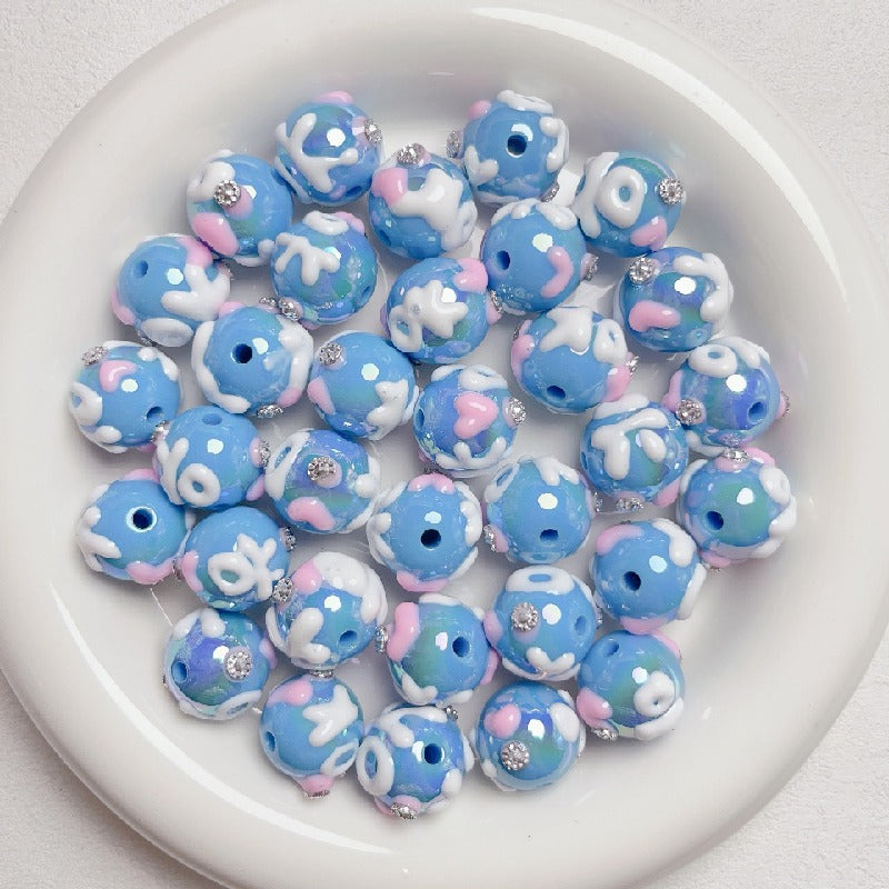 Hand Painted Rhinestone Flower Acrylic Round Beads 16mm 5pcs 5