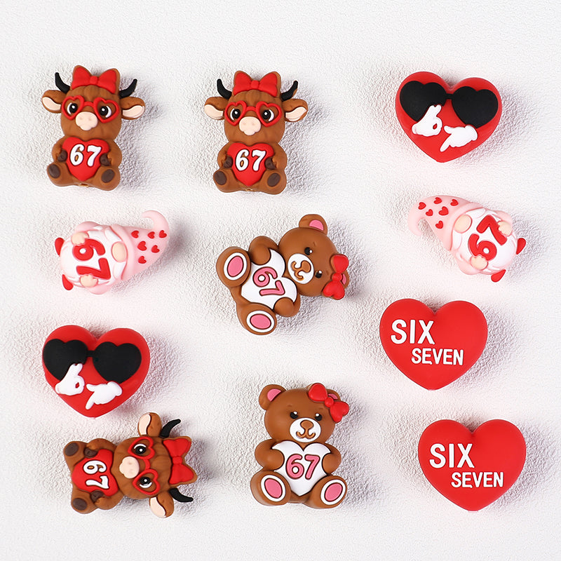 3D Highland Cow Silicone Focal Beads Wholesale, Six Seven 67 Red Love Heart Character