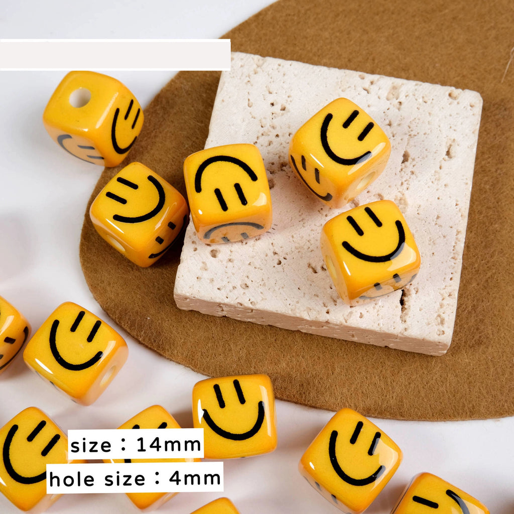 Yellow Smiling Square Acrylic Beads 14mm Glossy Retro 10pcs 2