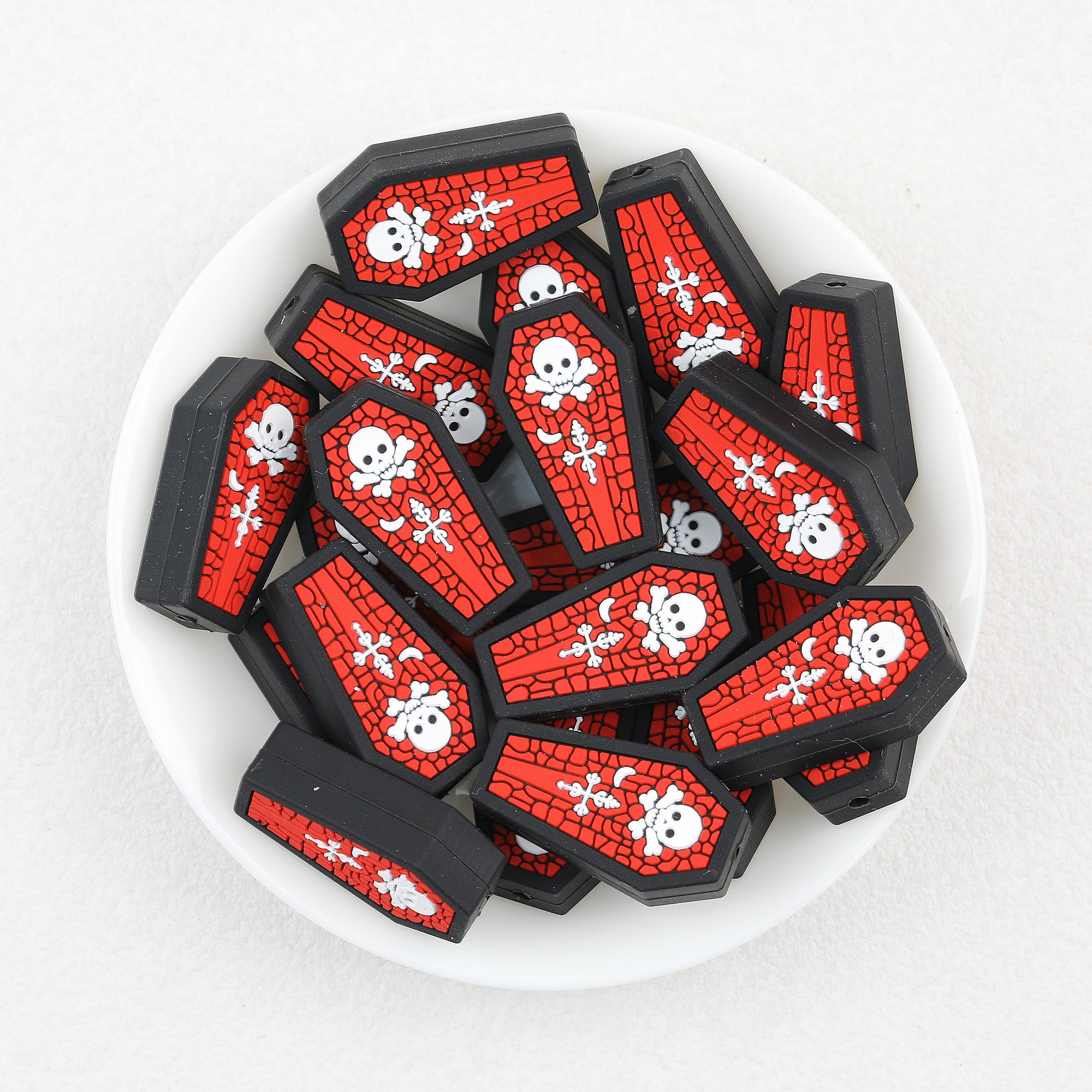 3D Skull Coffin Silicone Focal Beads Wholesale, Red Skeleton Halloween Design