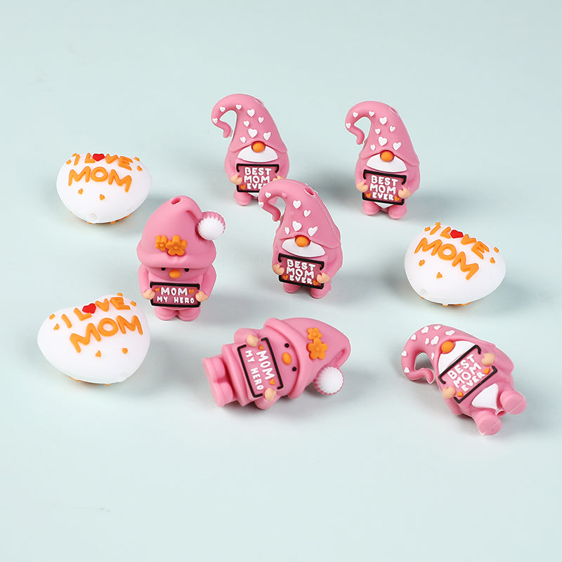 Silicone 3D Focal Beads Mothers Day Pink Hat Gnome Holding Sign