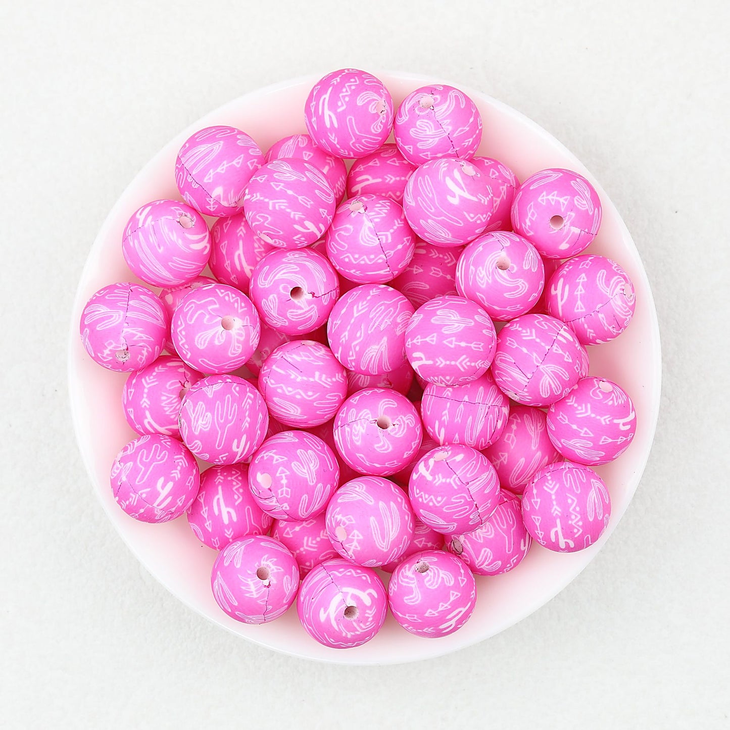 15mm Printed Floral Silicone Beads Multicolor Patterned 50pcs - Pink Cactus