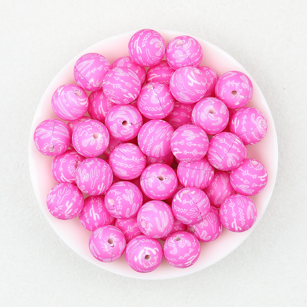 15mm Printed Floral Silicone Beads Multicolor Patterned 50pcs - Pink Cactus