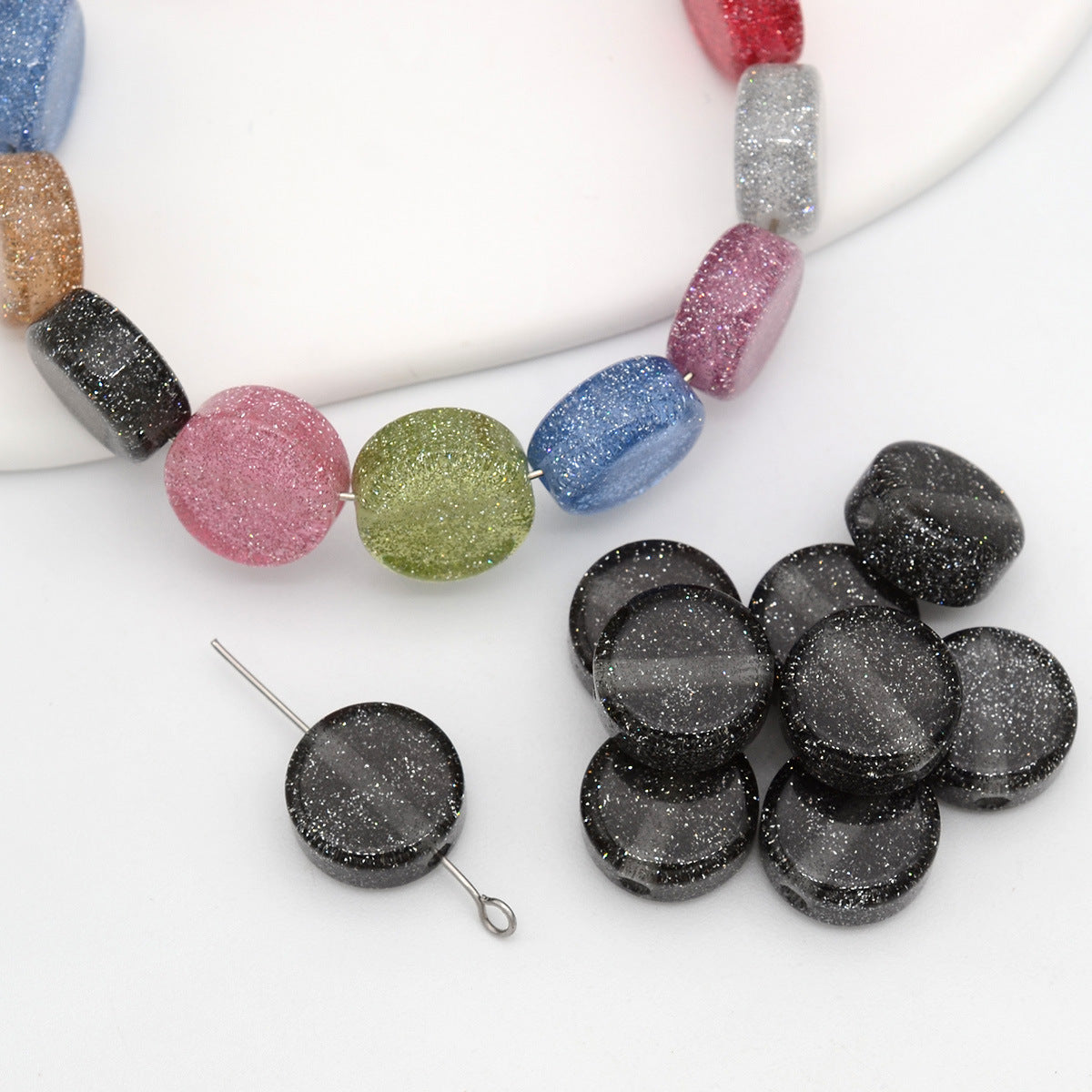 Glitter Flat Round Resin Beads 12mm Shiny Sparkle Colors 50pcs 10