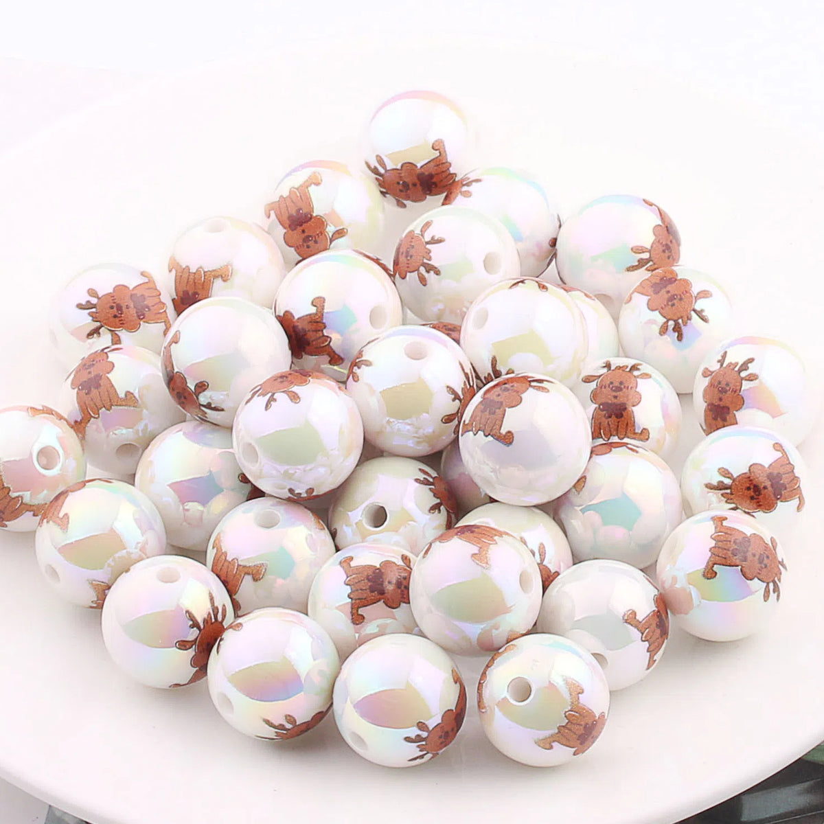 UV Plating Acrylic Beads 16mm Christmas Wreath and Reindeer Printed 20pcs 8