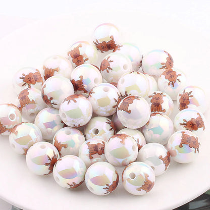 UV Plating Acrylic Beads 16mm Christmas Wreath and Reindeer Printed 20pcs 8