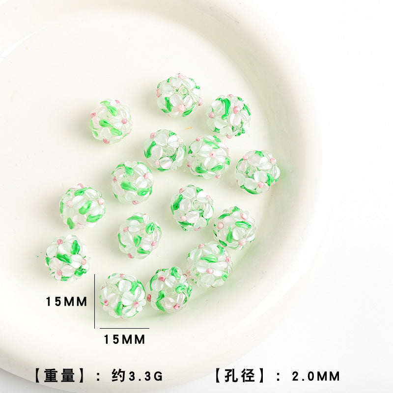 Colorful Flower Pattern Round Glass Beads 15mm 10pcs 7