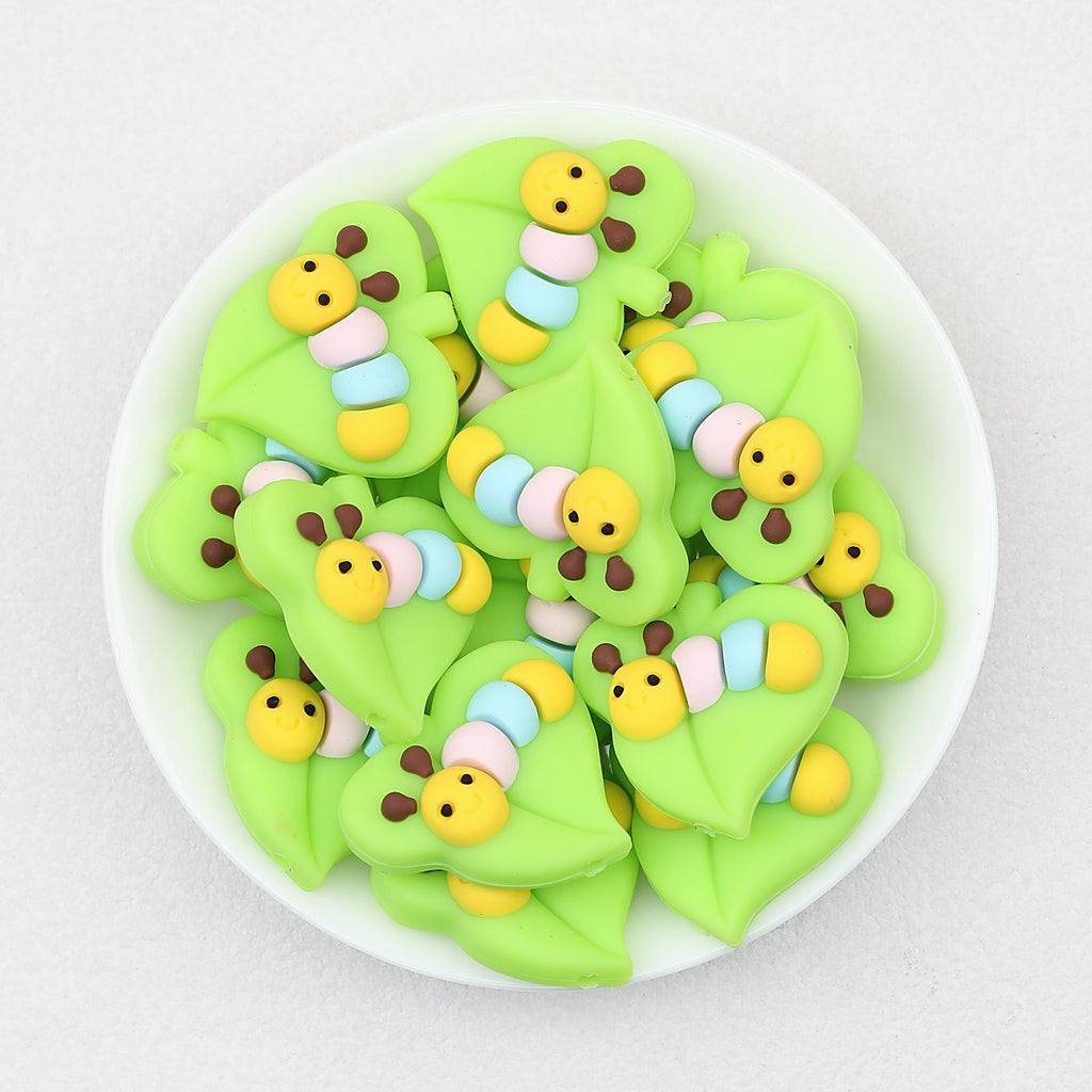 Green Leaf Caterpillar Silicone Focal Beads 20pcs